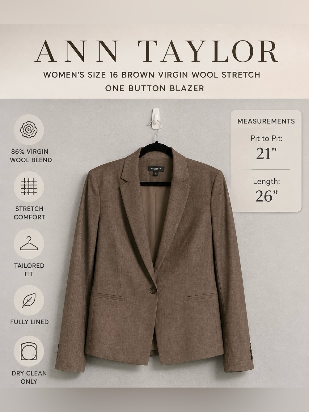 Ann Taylor Size 16 Brown Virgin Wool Stretch One Button Blazer Career Workwear